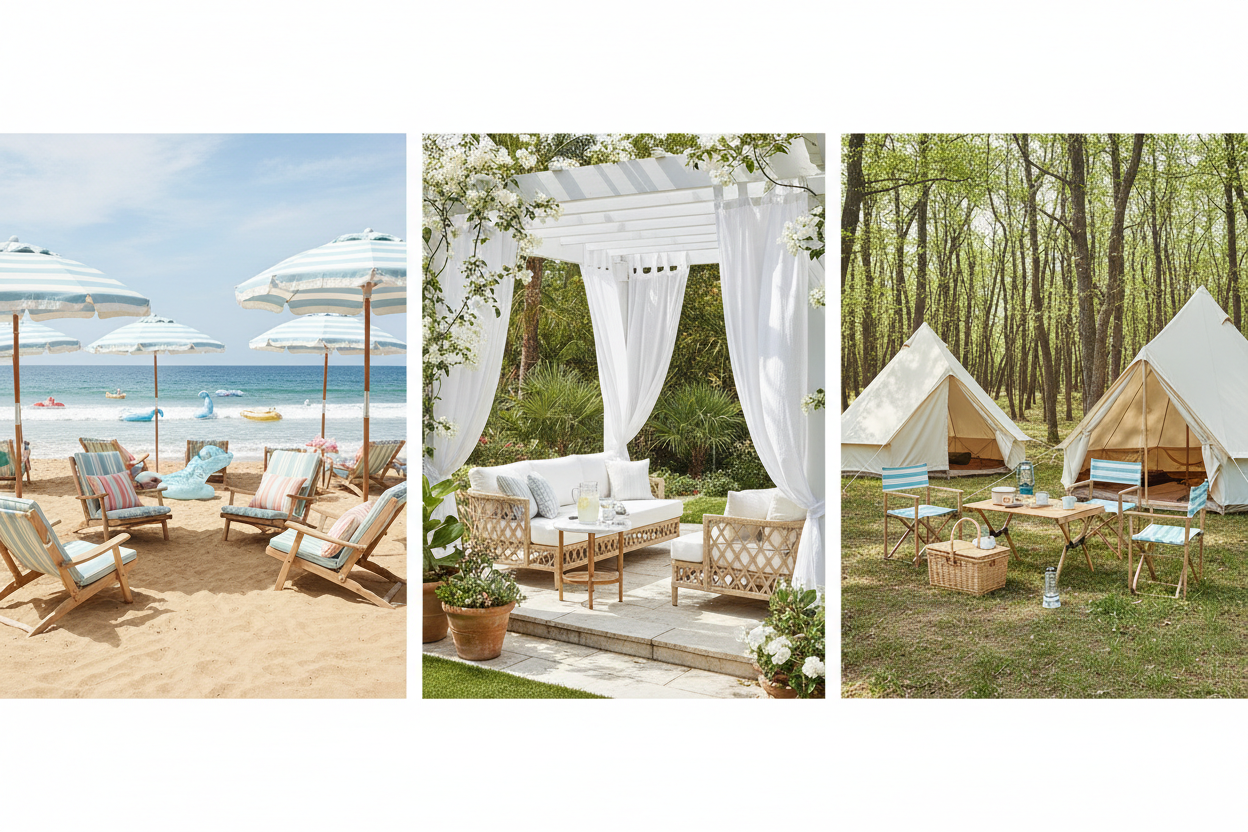 CREAME EL BANNER EN EL CUAL SE VEAN TRES ESCENARIOS, UNO EN LA PLAYA : SILLAS , SOBRILLAS, FLOTADORES... OTRO EN EL JARDIN : TUMBONAS , PERGOLAS... Y OTRA EN UN CAMPING , MESAS, TIENDAS DE CAMPAÑA, SILLAS...